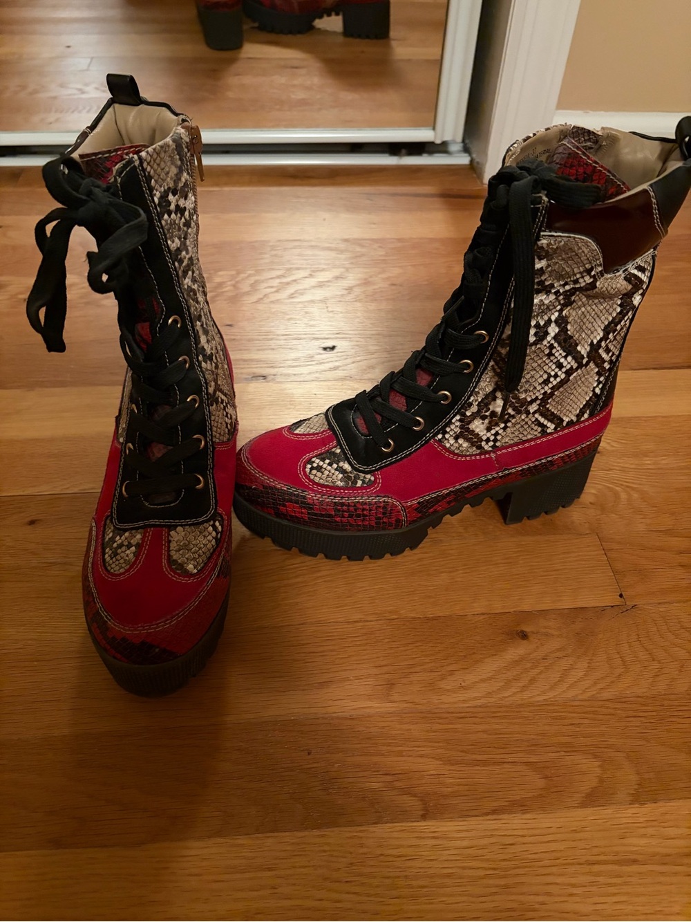 Rouge Helium Red and Snake-Print Lace-Up Platform Boots